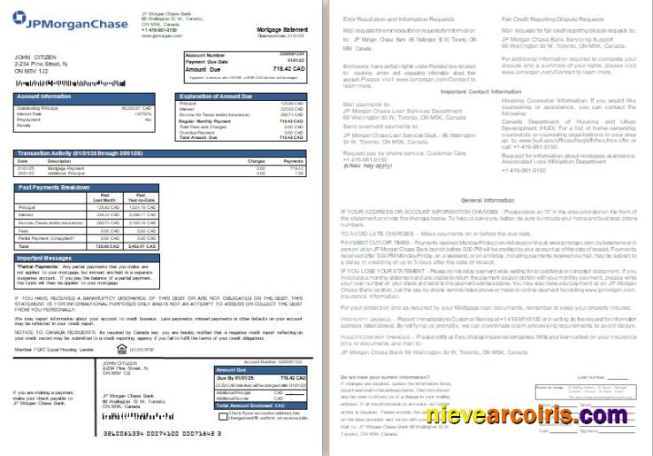Canada JP Morgan Chase Bank mortgage statement, 2 pages, 1-2
